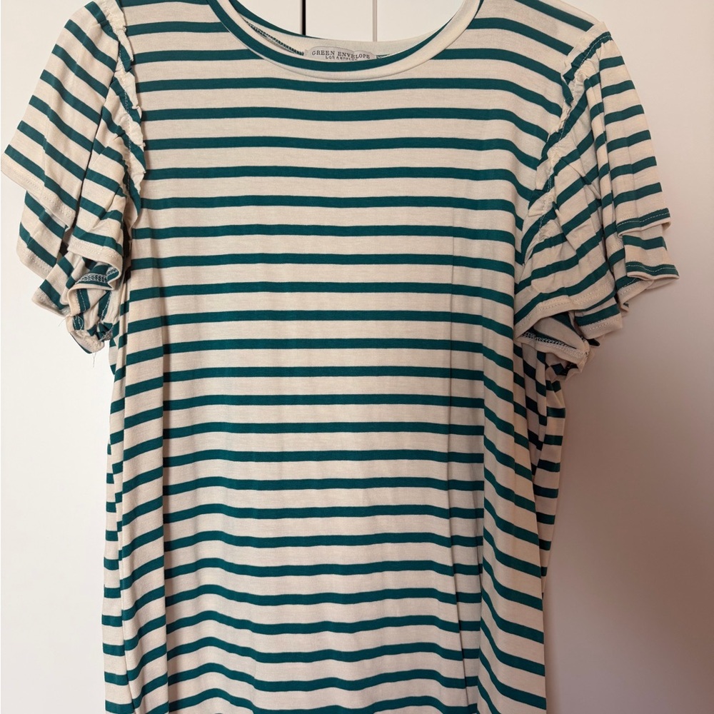 Green Envelope Teal and Cream Striped Short Sleeve Top